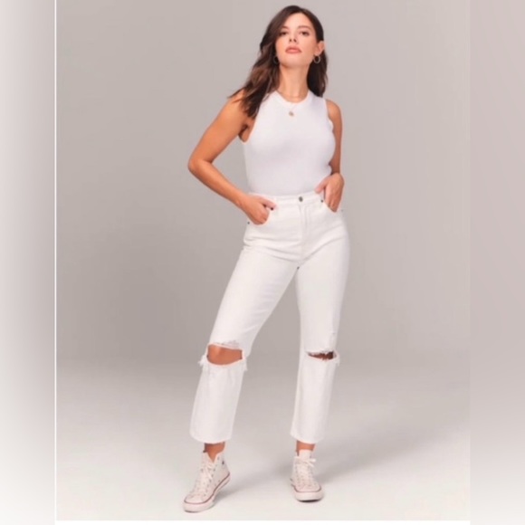 A&F curve love ultra high rise ankle straight jeans ripped white size 31 - Picture 2 of 10